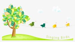 卡通天线小鸟在树上唱歌高清图片