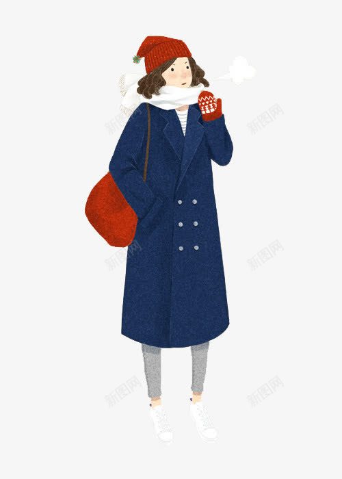 穿大衣的女孩png免抠素材_新图网 https://ixintu.com 围巾 红色包包 美女 蓝色 风衣
