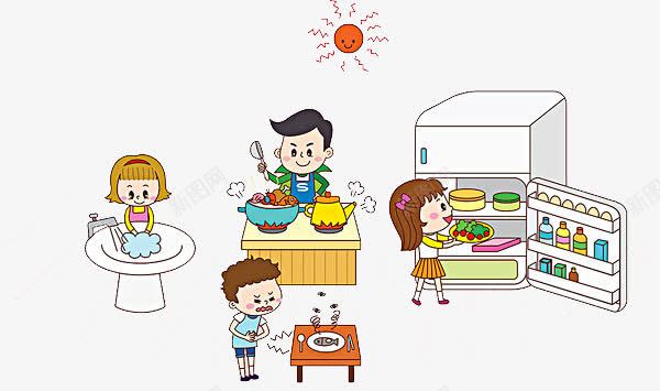 相互合作的一家人png免抠素材_新图网 https://ixintu.com 卡通手绘 危险 厨房台 可爱画风 洗手台 电冰箱