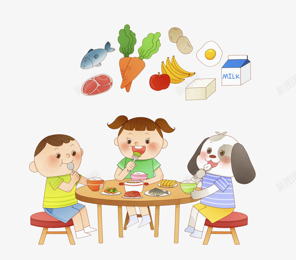 吃饭的小孩png免抠素材_新图网 https://ixintu.com 卡通 可爱的 吃饭的 坐在餐桌前 小朋友一起吃饭 小狗 手绘 挑食的 盛粥 食物 饭桌