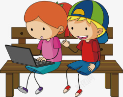 玩电脑的人物坐在木质长凳上的孩子矢量图高清图片