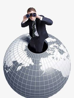 全球视野地球上拿着望远镜的男人高清图片