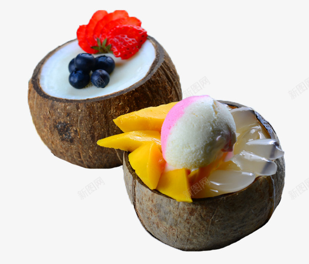 两个水果丰富的椰子冻png免抠素材_新图网 https://ixintu.com 两个 健康美味 创意美食 椰子冻 椰浆饭 水果丰富 营养丰富