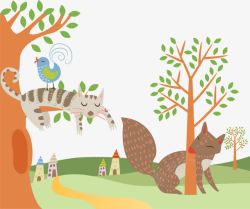 卡通扁平可爱插图动物与树素材