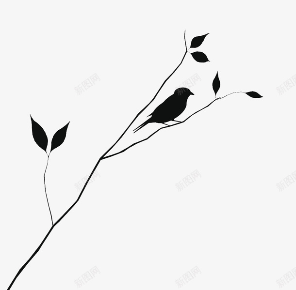 黑白装饰插图站在树枝的小鸟图标png_新图网 https://ixintu.com 嫩叶 小鸟 枝条 树叶 树叶枝 树枝 装饰插图 黑白