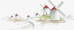 手绘节能低碳风车发电的村庄素材