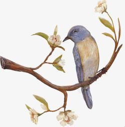 蓝色手绘鸟儿花朵素材