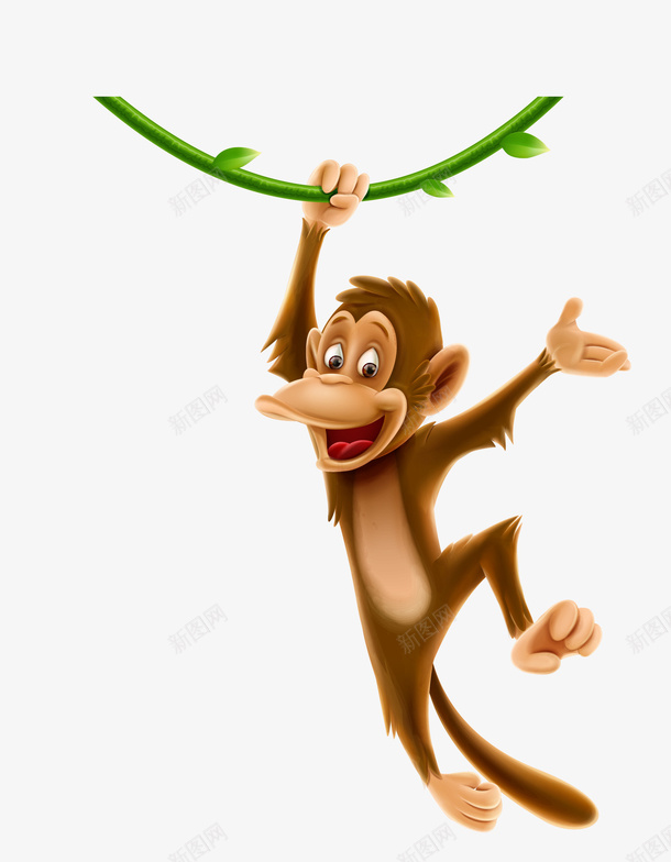呆萌棕色猴子png免抠素材_新图网 https://ixintu.com 可爱猴子 呆萌猴子 开心 棕色猴子 绿色叶子 绿色藤蔓