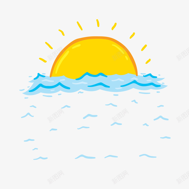 手绘蓝色海面上的太阳png免抠素材_新图网 https://ixintu.com 卡通太阳 夏季标签 波浪 海面 背景装饰 蓝色海洋