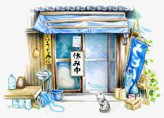 水彩门店png免抠素材_新图网 https://ixintu.com 卡通 复古 小店 手绘 插画 日式 门店