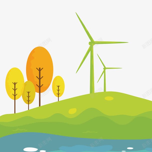 绿色环保能源png免抠素材_新图网 https://ixintu.com 发电 大树 数据 植物 绿色 草地 起伏 风力 黄色