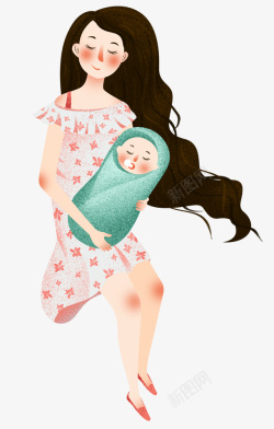 熟睡的孩子手绘人物插图妈妈抱着熟睡的孩子高清图片