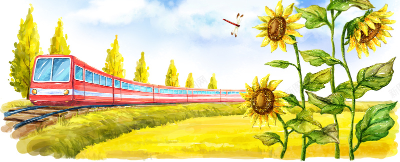 手绘火车秋色向日葵背景