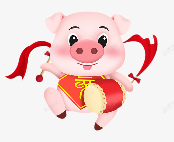 跳着舞的新年福猪卡通图png免抠素材_新图网 https://ixintu.com 卡通免抠图 新年 福猪 跳着舞的猪 锣 飘带