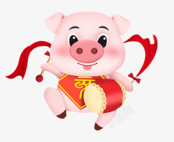 嘴含福字卡通猪跳着舞的新年福猪卡通图高清图片