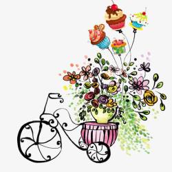 非主流手绘卡通小清新自行车花朵盆栽高清图片