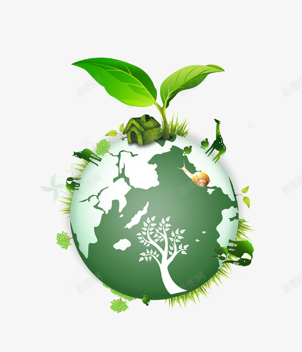 绿色创意爱护环境地球插画png免抠素材_新图网 https://ixintu.com 创意设计 插画 树叶 清新 爱护环境 环保 绿色