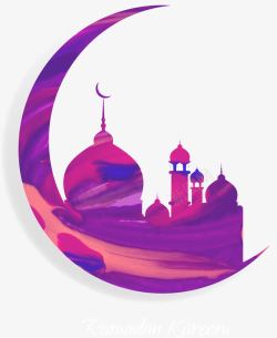 开斋节元素手绘紫色月亮和伊斯兰教清真高清图片