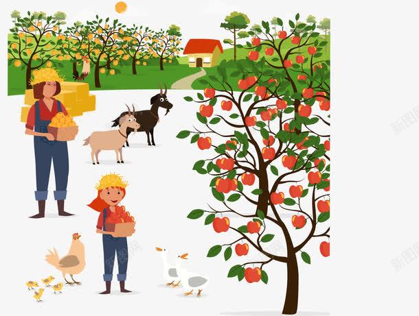 特色牧场png免抠素材_新图网 https://ixintu.com 太阳 小鸡 山羊 房屋 树叶 种植 苹果 采摘工人