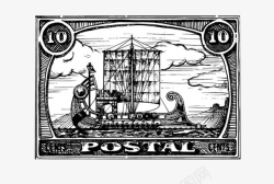 水墨划船一张黑白灰船邮票图高清图片