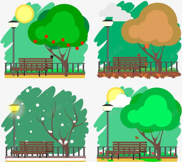 4款四季树下的长椅风景png免抠素材_新图网 https://ixintu.com 卡通 四季插画 平面 树木 长椅 风景