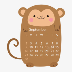 咖啡色猴子动物2018年9月日历矢量图素材