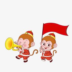 举着旗子的小狗卡通举着旗子女猴吹着喇叭的男猴高清图片