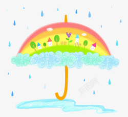 水坑卡通手绘彩色雨伞彩虹高清图片