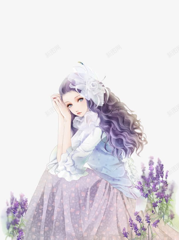 手绘紫色卷发的漂亮女孩png免抠素材_新图网 https://ixintu.com 女孩 漂亮 紫色