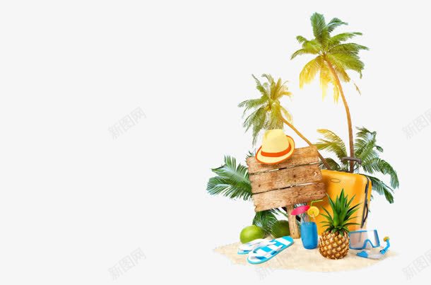 椰树菠萝遮阳帽旅行png免抠素材_新图网 https://ixintu.com 旅行 椰树 菠萝 遮阳帽
