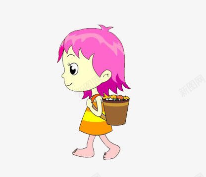 光脚的小女孩png免抠素材_新图网 https://ixintu.com 人物 动漫 动画 卡通 紫色头发 背着小箩筐 裸足