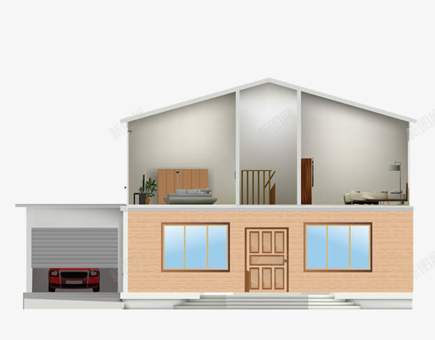 复式房子png免抠素材_新图网 https://ixintu.com 卧室 室内设计 建筑 房间模型 装饰 车库