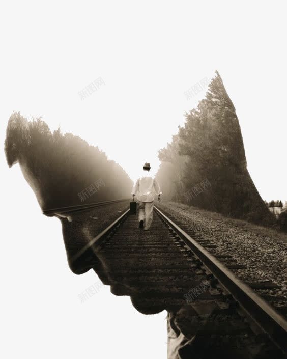 铁路上的男人png免抠素材_新图网 https://ixintu.com 人脑 创意 树林 铁轨