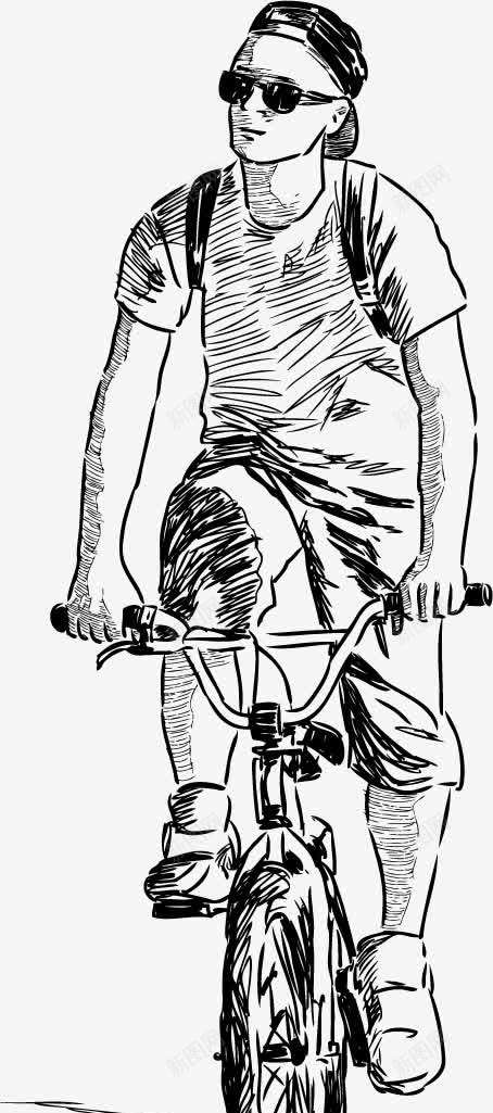 骑行的年轻男孩素描png免抠素材_新图网 https://ixintu.com 人物 带墨镜帽子的年轻男孩 矢量素描速写素材 自行车 骑行