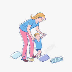 小孩和妈妈低头扶着孩子学走路的妈妈高清图片