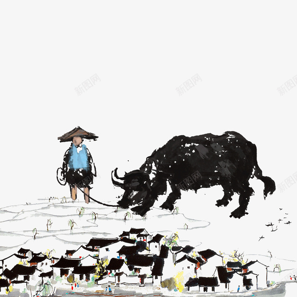 创意放牛娃水墨画png免抠素材_新图网 https://ixintu.com 创意 放牛娃 村庄 水墨画 水彩 牦牛 艺术