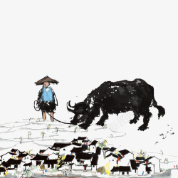 创意牦牛创意放牛娃水墨画高清图片