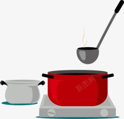 红色加热锅卡通厨房用具汤锅高清图片