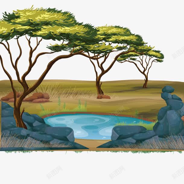 非洲的大平原png免抠素材_新图网 https://ixintu.com PNG免抠下载 干涸 树木 河水 石头 装饰