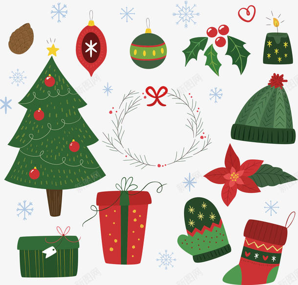 圣诞装饰图矢量图ai免抠素材_新图网 https://ixintu.com 卡通手绘 圣诞装饰 帽子 彩球 水彩 绿色 矢量图