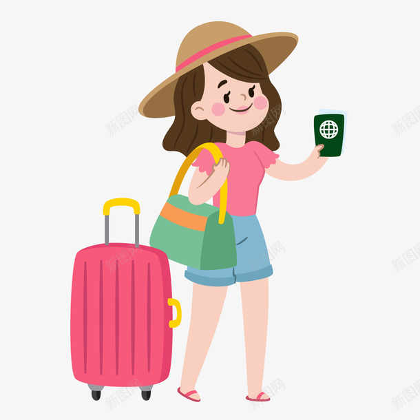 一个拿着行李和护照的女人矢量图ai免抠素材_新图网 https://ixintu.com 出差 商务 商旅 护照 旅行 机票 行李箱 矢量图