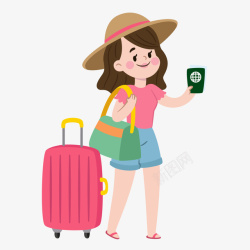 出差机票一个拿着行李和护照的女人矢量图高清图片