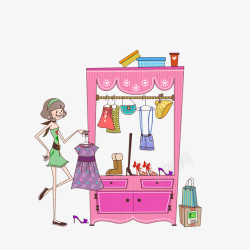 手拿衣服卡通拿着衣服站在衣柜旁的女孩素高清图片