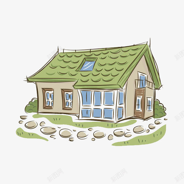 卡通绿色房子图png免抠素材_新图网 https://ixintu.com 乡间小路 卡通 小木屋 插图 石头 绿色的 装饰