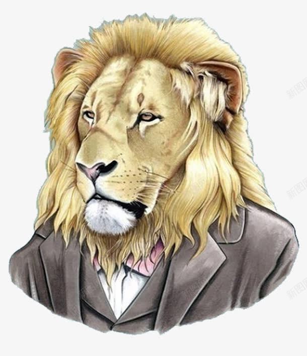 手绘动物png免抠素材_新图网 https://ixintu.com 写实 头像 彩绘 拟人动物 西服 非洲狮