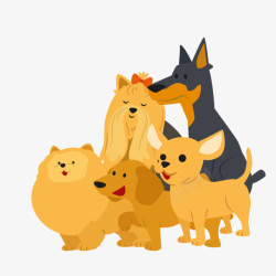 黄色宠物狗卡通手绘站立的一群狗狗高清图片