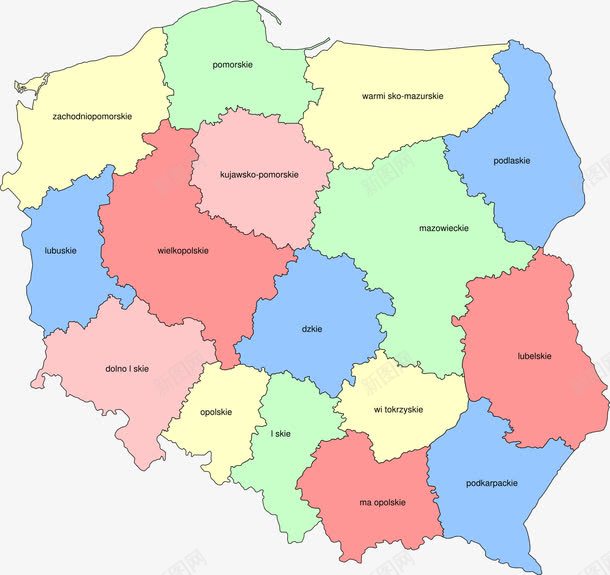 彩色波兰地图png免抠素材_新图网 https://ixintu.com 地图 地理 欧洲 波兰 省份