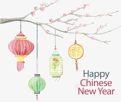 中国风梅花树梅花树枝上的五彩灯笼矢量图高清图片