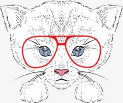 红色眼镜框素描猫咪高清图片