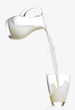 白色背景装透明玻璃瓶倒牛奶高清图片